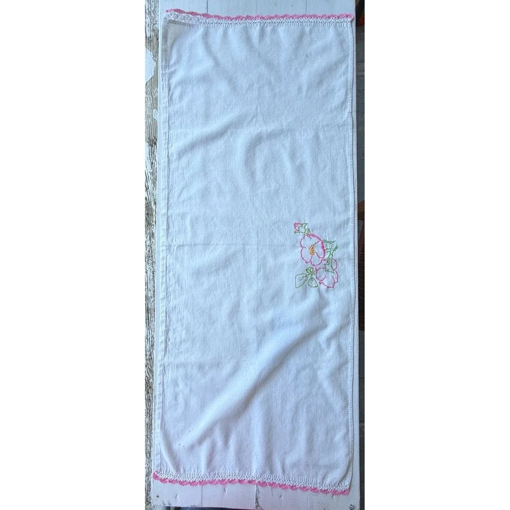Vintage White Linen Table Runner Pink Crochet Lace Trim Hand Embroidered Floral